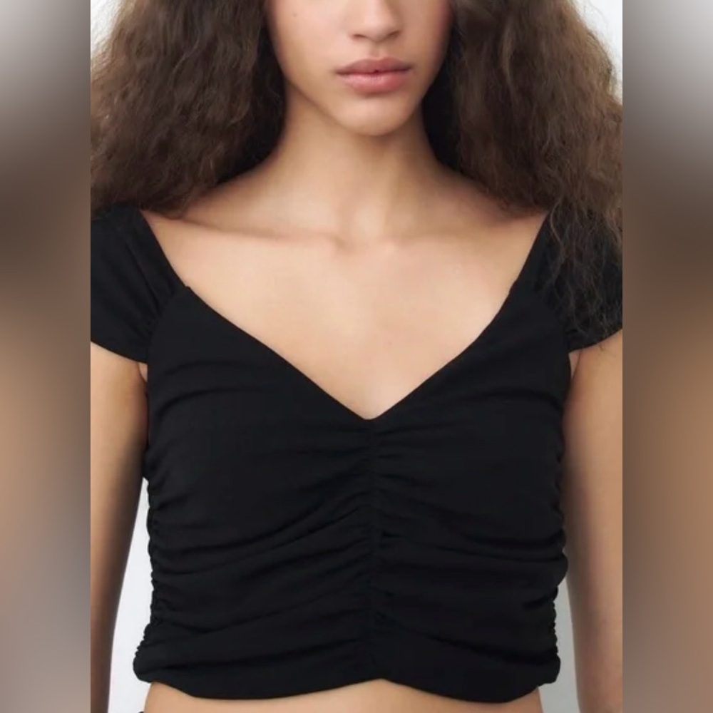 Zara Black Ruched Off The Shoulder Cropped Top